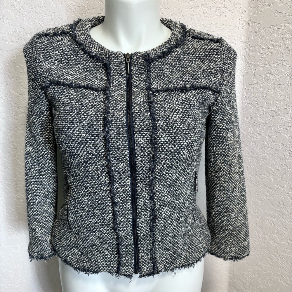 Womens Navy White Tweed Zip Front Fringe Trim Blazer Jacket Three Quarter Sleeve